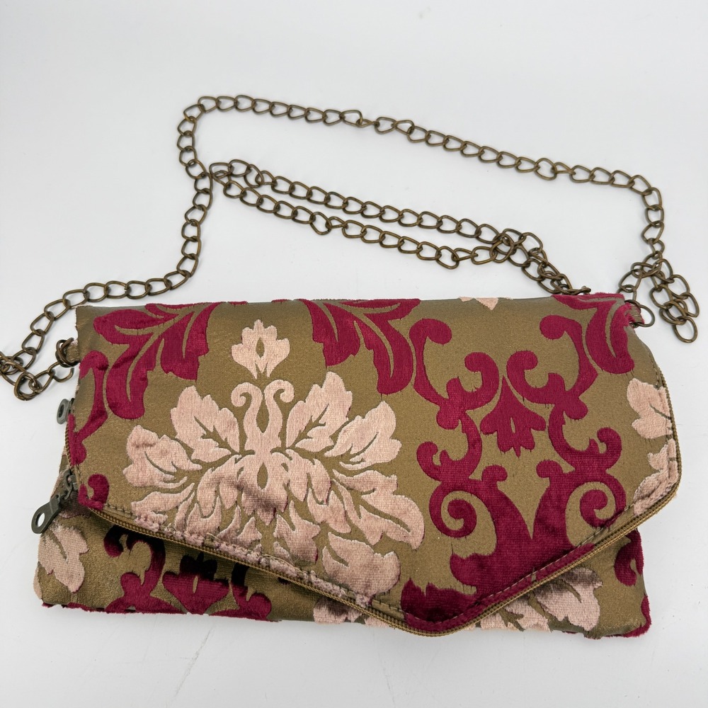 Velvet Floral Boho Foldover Bag Purse Chain Strap Burgundy Brown